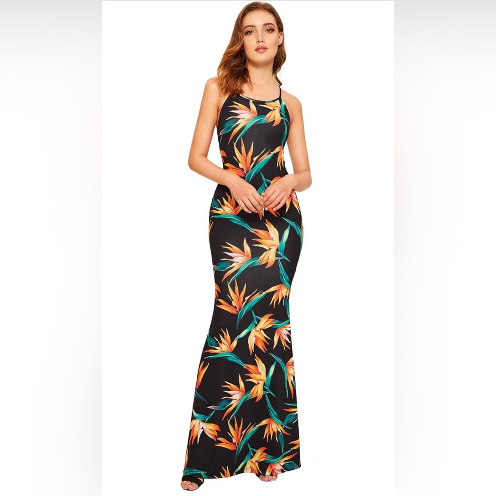 SheIn Women's Floral Strappy Backless Summer Dress- Size L